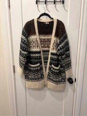 eesome Open-Front Fair Isle Cardigan in Cream, Brown, and Black